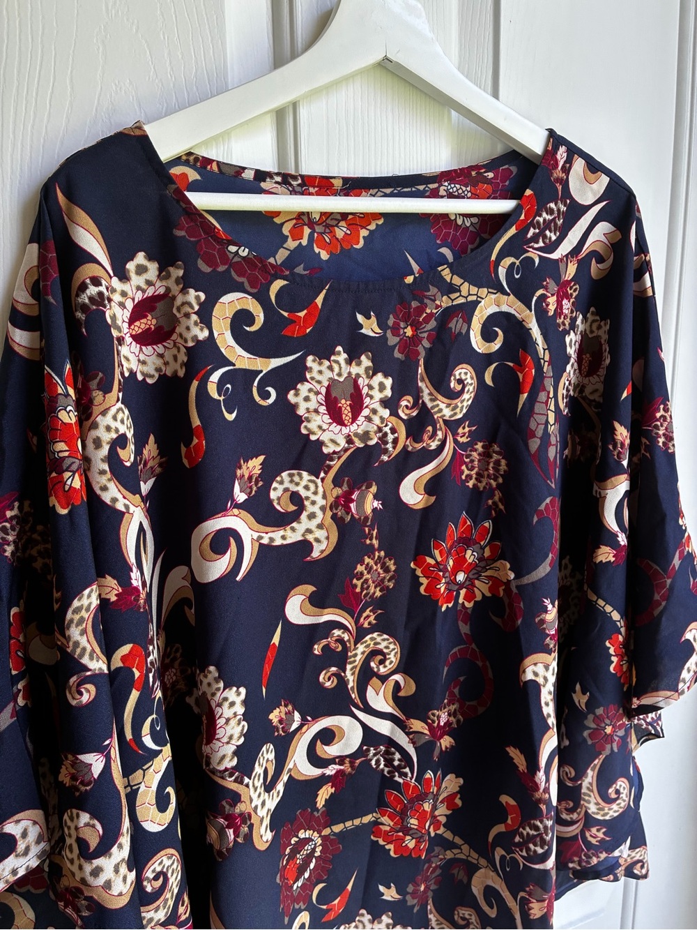 Navy Floral Scroll Tunic with Red and Cream Accents Flowy Arms Unknown Brand